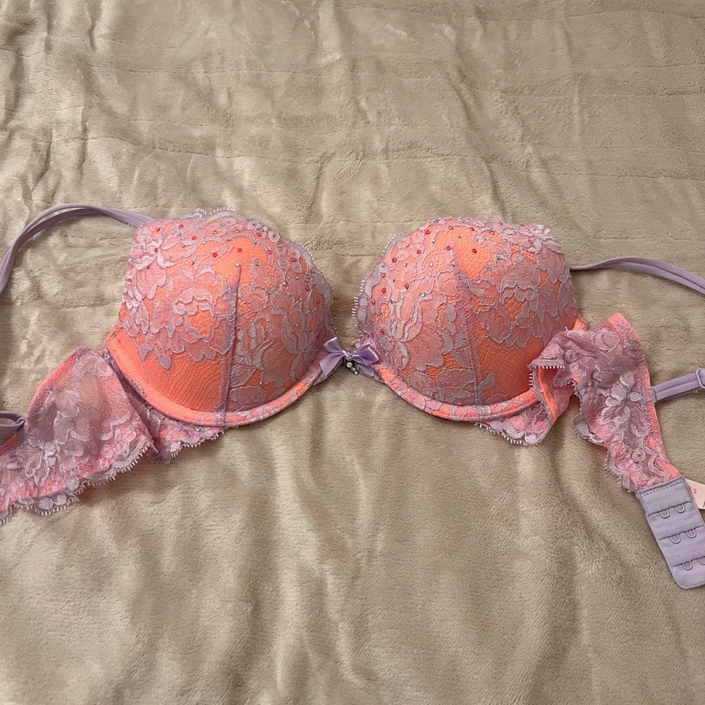 Victoria's Secret Coral and Lavender Lace Bra